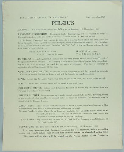 Notice - 'Piraeus', SS Stratheden, 12 Nov 1961
