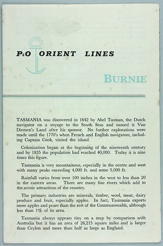 Brochure - 'P&O Orient Lines, Burnie', England, October 1961