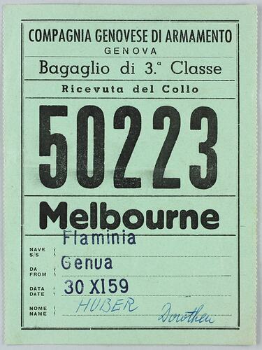 Baggage Receipt - Third Class, Number 50223, 'M/N Flaminia', 30 Nov 1959