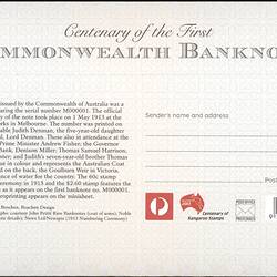 First Day Cover -  Minisheet, Centenary of the First Commonwealth Banknote, Melbourne, 11 May 2013