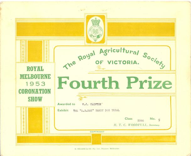 Prize Certificate - Fourth Prize, 'The E.B. May Handy Dog Trial', Royal Melbourne Coronation Show, 1953