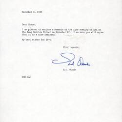 Letter - Kodak Australasia Pty Ltd, Ed Woods to Shane Allan, Long Service Dinner Memento, 6 Dec 1990