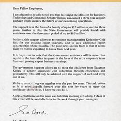 Memo - 'Kodakgram', Ed Woods to Kodak Australasia Employees, Coburg, 31 Oct 1989