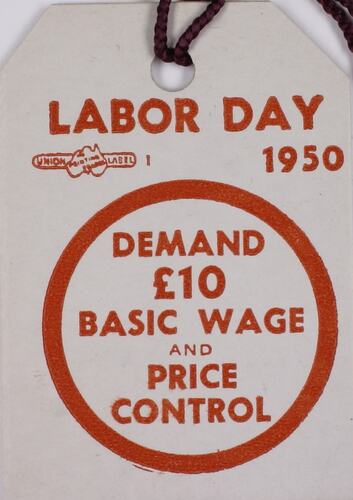 Ticket - Demand £10 Basic Wage & Price Control, Labour Day, 1950
