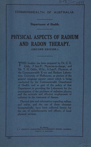 Booklet - Physical Aspects of Radium and Radon Therapy, Department of Health, Australia, 1939