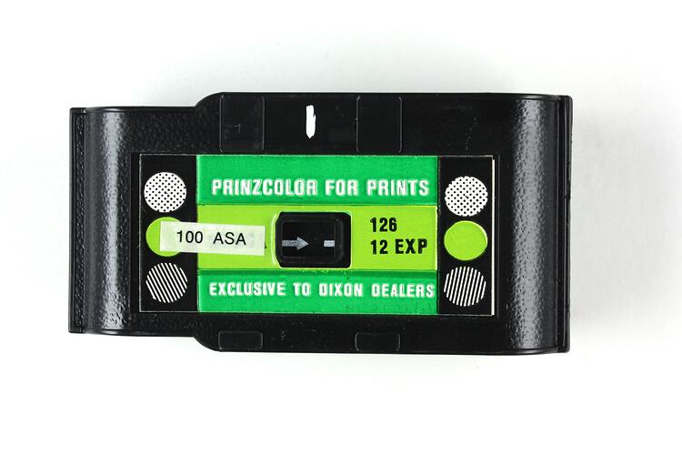 Embossed plastic film cartridge with label.