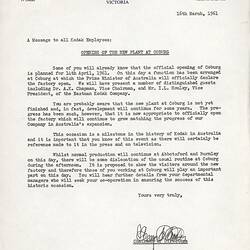 Letter - Henry Foote to all Kodak Employees, 'Opening of the New Plant at Coburg', 16 Mar 1961