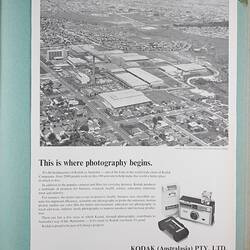 Black and white Kodak advertisement taped into scrapbook.