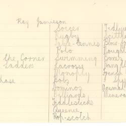 Document - Ray Jamieson, to Dorothy Howard, List of Games, 1955