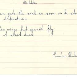 Document - Sandra Hale, Addressed to Dorothy Howard, Transcriptions of Two Riddles, 1954-1955