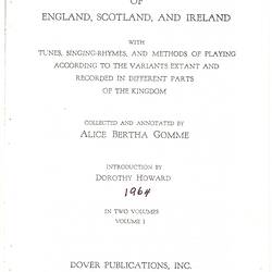 Article - Dorothy Howard, 'Introduction to Dover Edition' in 'The Traditional Games of England, Scotland, and Ireland', Dover Publications,1964