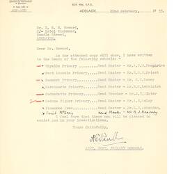 Letter - A. G. Paull, to Dorothy Howard, List of Schools and Headmasters Contacted Regarding Assistance with Dr Howard's Research Project, 22 Feb 1955