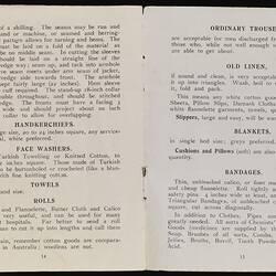 Booklet - Red Cross Society, Goods Needed for War Effort, Australian Branch, World War I, circa 1914, Pages 14-15