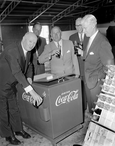 Coca Cola, Group Standing Near a Refrigerator, Moorabbin, Victoria, 11 Feb 1960