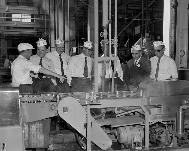 H.J. Heinz Company, Men Watching a Production Line, Dandenong, Victoria, 02 Mar 1960