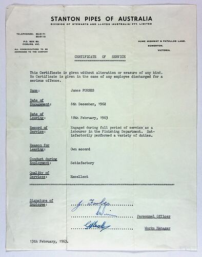 Certificate of Service - James Forbes, Stanton Pipes of Australia, Somerton, Victoria, 13 Feb 1963