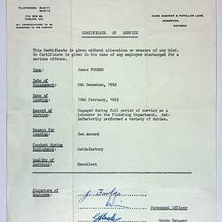 Certificate of Service - James Forbes, Stanton Pipes of Australia, Somerton, Victoria, 13 Feb 1963