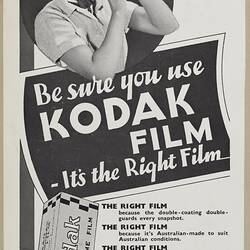Leaflet - Kodak Australasia Pty Ltd, 'Be Sure You Use Kodak Film', Tasmania, 1930s