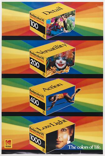 Rectangular colour poster with four identical panels, each featuring a rainbow pattern and Kodak film box.