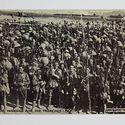 Postcard - 'Australians Parading for the Trenches Prior to the Attack on Pozieres', World War I, Jul 1916