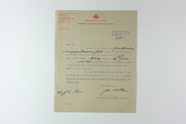 Letter - Application for Trade Certificate, Melbourne, 31 May 1951