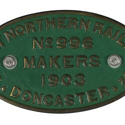 Locomotive Builders Plate - Great Northern Railway, Doncaster Works, England, 1903