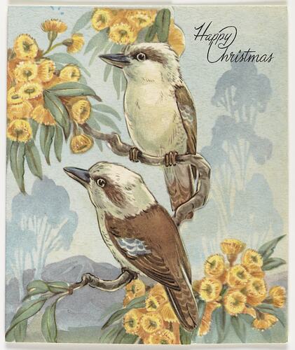 Christmas card, 2 brown and white kookaburras on a yellow flowering gum branch.