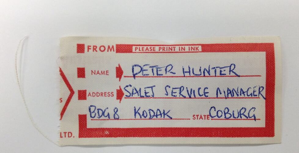 HT 48762, Tab, Film Bag - Kodak Australasia Pty Ltd, Sent from Peter Hunter, circa 1980s (PHOTOGRAPHY)