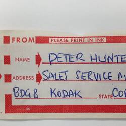 Tab, Film Bag - Kodak Australasia Pty Ltd, Sent from Peter Hunter, 1961-1989