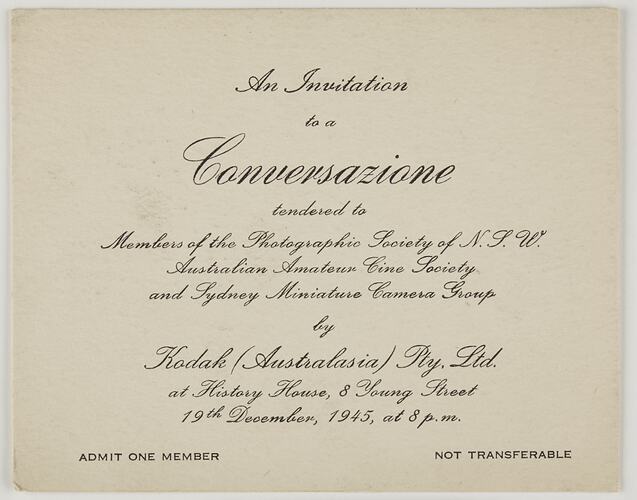 Invitation - Kodak Australasia Pty Ltd, 'Conversazione', Sydney, 19 Dec 1945