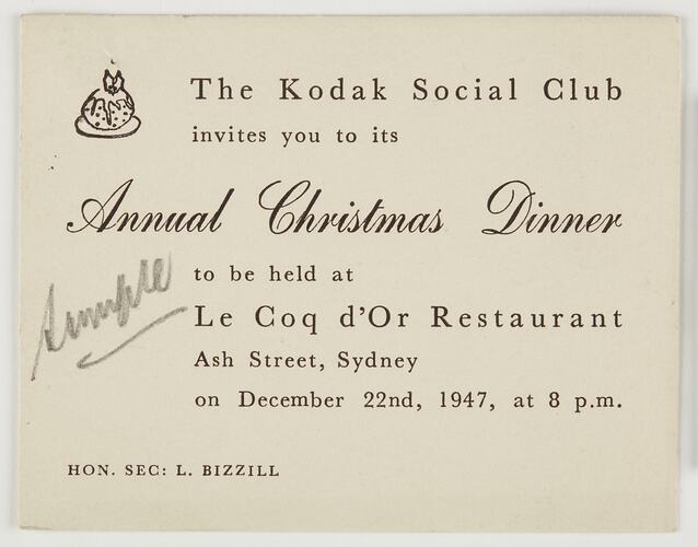 Invitation - Kodak Australasia Pty Ltd, 'Annual Christmas Dinner', Sydney, 22 Dec 1947