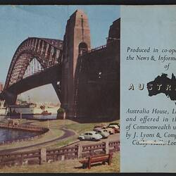 Card album, back cover in colour, foreshore and Sydney Harbour Bridge beside text on blue.