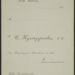 Invoice - Dr Constantine Kyriazopoulos, Melbourne, 1910s