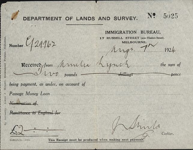 Receipt - Loan Repayment, Department of Lands and Survey, Immigration Bureau, Melbourne 7 Aug 1924
