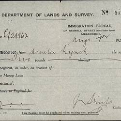 Receipt - Loan Repayment, Amelia Lynch, Department of Lands and Survey, Immigration Bureau, Melbourne 7 Aug 1924