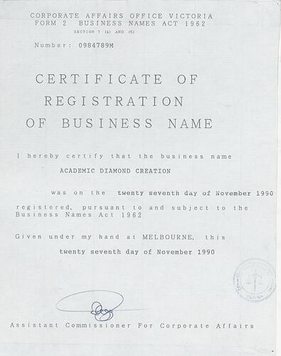 Certificate - Registration of Business Name, Academic Diamond Creation, Melbourne, 27 Nov 1990