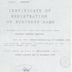 Certificate - Registration of Business Name, Academic Diamond Creation, Melbourne, 27 Nov 1990