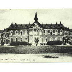 Front exterior of hospital building.