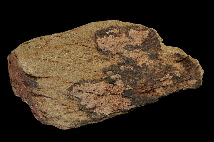Pale brown rock with pinky broken surfaces.