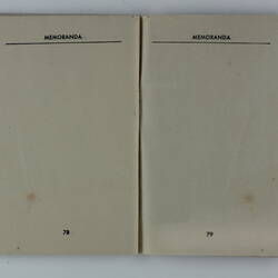 Open booklet, two white pages with black printing. Page 78 and 79.
