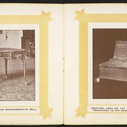 Open booklet, off-white pages. Yellow framed ornate table on left page and inkstand on right page.