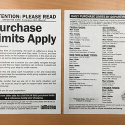 Flyer - 'Purchase Limits Apply', LaManna Supermarket, Essendon Fields, Saturday 21 March 2020