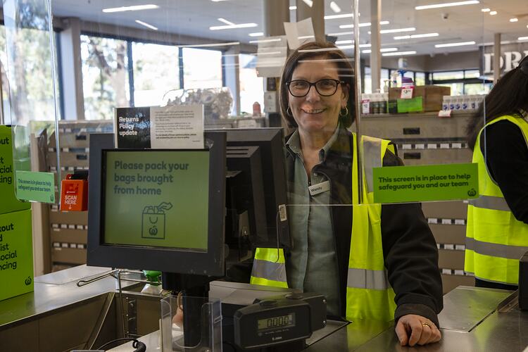 Checkout Cashier Behind Sneeze Screen, Woolworths, Blackburn South, 18 May 2020