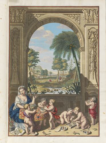 Woman in historical dress is foreground with six cherubs. An assortment of objects are scattered at her feet,