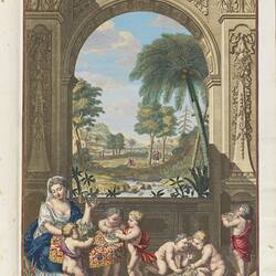 Woman in historical dress is foreground with six cherubs. An assortment of objects are scattered at her feet,