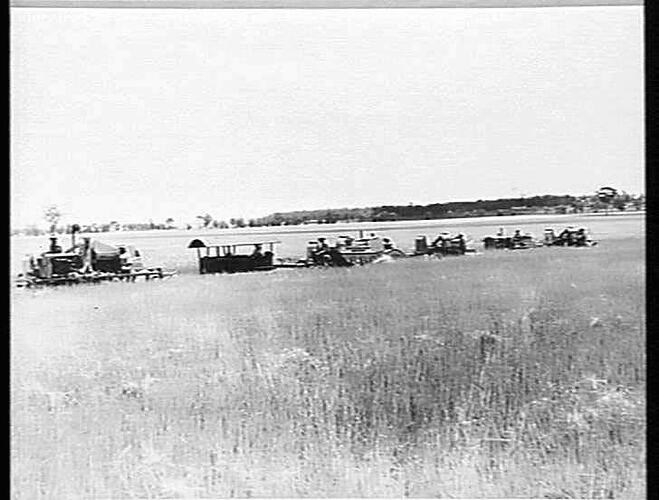 14 FT AUTO, NO 2.12 FT HEADER & TWO HEADERS FITTED WITH BAGGING PLATFORMS L.J. GRIFFITHS GUNNEDAH N.S.W. DEC 1938