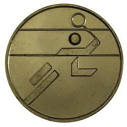Round gilt medal with badminton logo from Brisbane Commonwealth Games.