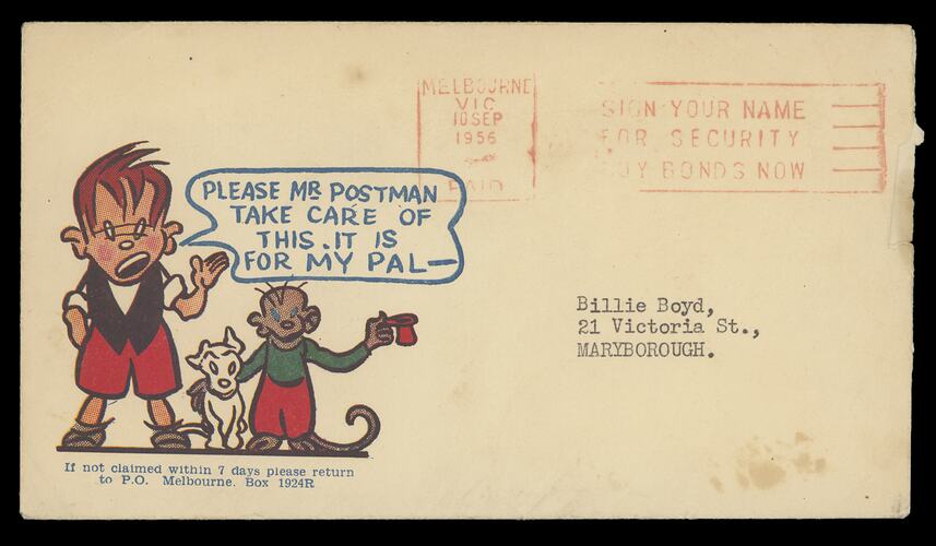 Envelope with cartoon of boy, dog and monkey. Typewritten address beside it.