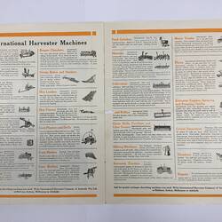 Open pamphlet, thirty tractor images and text. Black and orange printing.