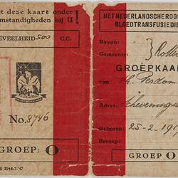 Blood Type Card - Dutch Red Cross Transfusion Service, Theodorus Perdon, Rotterdam, The Netherlands,  25 Feb 1917